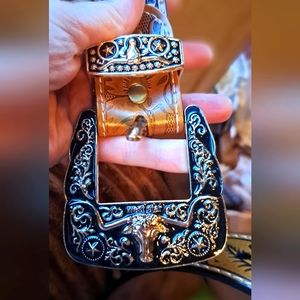 Western Belt Leather Gold Longhorn Bull Rider BullBlack Belt for Pants Size 46